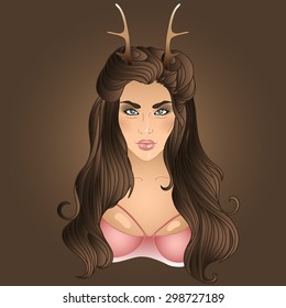 beautiful vector illustration of a girl in the style of pin-up with horns. girl faun.