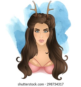 beautiful vector illustration of a girl in the style of pin-up with horns. girl faun.