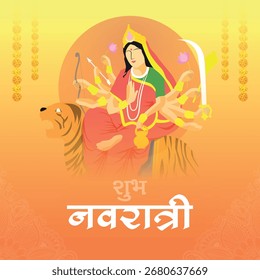 Una hermosa Ilustración vectorial de la diosa Durga montando un tigre, sosteniendo un arco y una flecha, contra un cálido fondo naranja. Ideal para el festival hindú de Navratri.