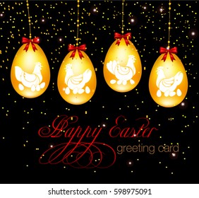 Beautiful vector illustration of golden Easter eggs on black background. Happy Easter greeting card.