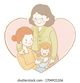 Beautiful vector illustration of grandmother, mother and daughter in a heart shaped background. Digitally hand drawn and painted artwork.