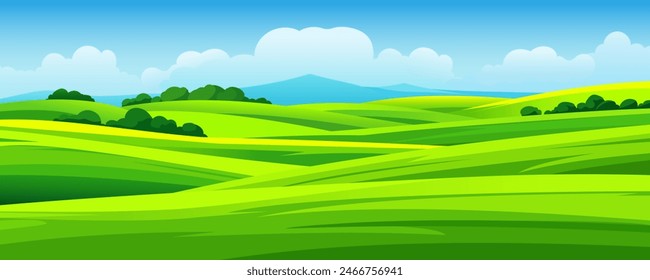 Beautiful vector illustration of green summer fields and meadows on a background of mountains, hills, clouds and blue sky. Natural landscape of summer meadows for design and print.