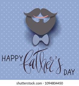 Beautiful vector illustration greeting card template with Happy Father's Day handwritten lettering and paper cut craft 3d smile, mustache and beard, bow tie and polka dot background.