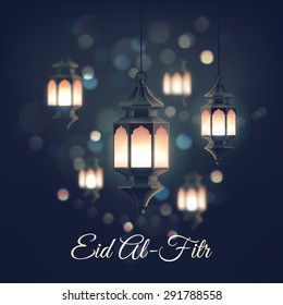 Beautiful vector illustration or greeting card template on Eid Al-Fitr muslim religious holiday with lanterns on blurred lights background. Feast of Breaking the Fast festive background