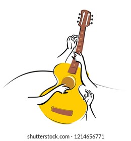 Beautiful vector illustration with a guitar. Classical acoustic guitar. Isolated silhouette classic guitar. Musical string instrument collection. Vector illustration isolated on white background.