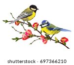 Beautiful vector illustration with hand drawn birds, japanese flowers, tree, spring wallpaper, branches. Perfect for wallpapers, web page backgrounds, surface textures, textile.