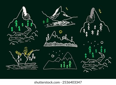 Beautiful vector illustration with hand drawn linear doodle sketches with decorative mountains on the dark background