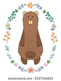 Hermosa Ilustración vectorial con divertido oso de dibujos animados dibujado a mano dentro de la corona floral de elipse aislado en el fondo blanco