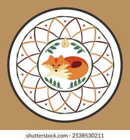 Beautiful vector illustration with hand drawn fox inside the round pattern
