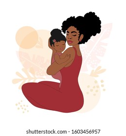 Beautiful vector illustration of a happy afro american woman holding a baby and tropical leaves on a white background. Woman isolated. Concept happy mom, happy family