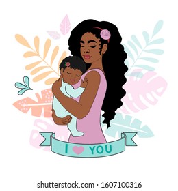 Beautiful vector illustration of a happy afro american woman holding a baby on a white background. Happy family concept