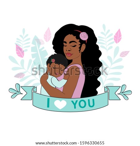 Beautiful vector illustration of a happy afro american woman holding a baby and tropical leaves on a white background