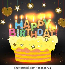 Beautiful vector illustration of happy birthday card made in a cute tasty style with handdrawn typography in a shape of fresh cakes and whipped cream decor. Useful for postcard or invitation design.