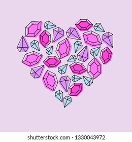 Beautiful vector illustration of a heart made of gemstones pink and blue sapphires diamonds rubies on lilac background 