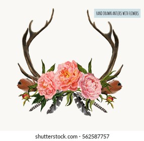 Beautiful vector illustration of horns with flowers. Hand drawn boho chic style design elements with deer antlers, peonies, leaves, feathers  isolated on white background