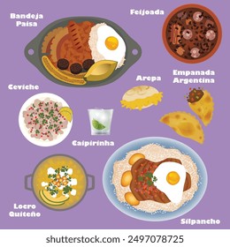 Beautiful vector illustration of iconic traditional South American dishes. Bandeja paisa feijoada arepa empanada ceviche caipirinha locro quiteño silpancho. Colorful lunch dinner foods. Flat colors