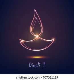 Beautiful Vector illustration of Illuminated / burning oil lamp diya on Diwali Holiday, ancient Hindu festival of lights , firework and decoration with text of Diwali .