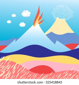 Beautiful vector illustration of an island in the sea with the volcano