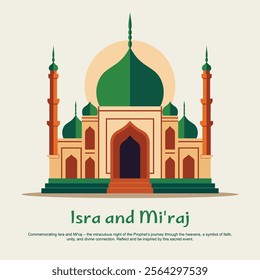 A beautiful vector illustration of Isra and Mi'raj, symbolizing the Prophet Muhammad's miraculous night journey and ascension to the heavens.