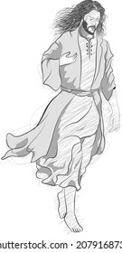 Hermosa ilustración vectorial de Jesús caminando, Línea de arte del alma espiritual, El Dios yendo descalzo a su lugar