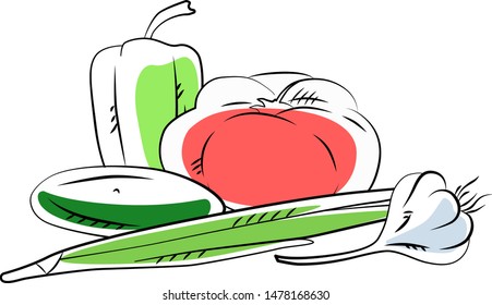 Beautiful vector illustration for the kitchen - tomatoes, cucumbers, onions, bell peppers, garlic.