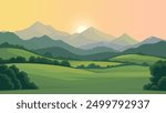 Beautiful vector illustration of a landscape, green meadows, fields, trees and mountains. Beautiful landscape of mountains, forests and meadows at sunset. Beautiful landscape for print and design.