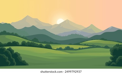 Beautiful vector illustration of a landscape, green meadows, fields, trees and mountains. Beautiful landscape of mountains, forests and meadows at sunset. Beautiful landscape for print and design.