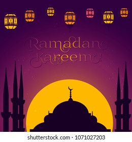 Beautiful vector illustration with lanterns fanus,mosque and sunset for the muslim feast of the holy month of Ramadan.