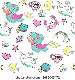 Beautiful vector illustration with a little mermaid and marine inhabitants on a white background seamless pattern for children. Concept summer and friendship. Birthday card