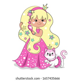 Beautiful vector illustration with a little princess in a raspberry dress combing her hair and white girl cat on a white background