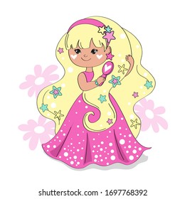 Beautiful vector illustration with a little princess in a raspberry dress combing her hair on a white background with pink daisies