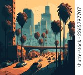 Beautiful vector illustration of Los Angeles in sunset with palm trees and cityscape in the background. 