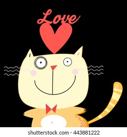 Beautiful vector illustration with love cat on a black background