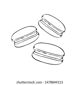 Beautiful vector illustration of macaroon drawn line on white isolated background. Colorful French almond cookies in heart shape on white background. Vector illustration for maps, menus and printing. 