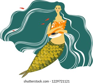 Beautiful vector illustration with a mermaid, with huge wavy hair and a sink in the hands .Vector icon on a white background