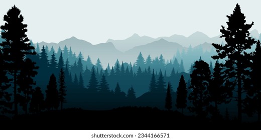 A beautiful vector illustration of a misty forest landscape with coniferous trees in silhouette. The evergreen trees, mountains, and natural environment perfect for backgrounds of nature, wildlife