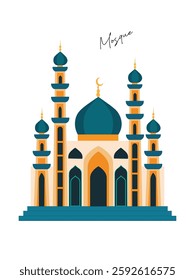 A beautiful vector illustration of a mosque, featuring a grand central dome adorned with a crescent moon and four towering minarets. Mosque clipart, mosque icon