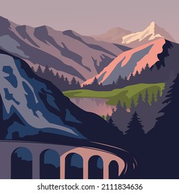 Beautiful vector illustration of mountains. Beautiful Alps mountains. Railway. It can be used as a postcard, sticker, poster, for printing, etc.