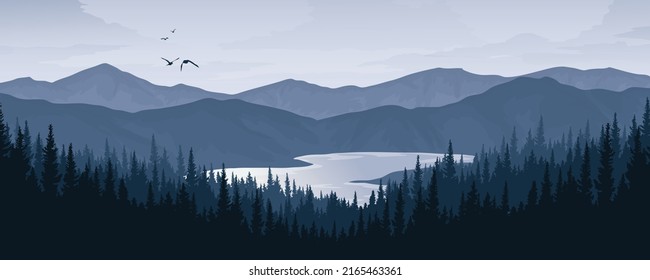 Beautiful vector illustration of mountains, pine forests and rivers and lakes. in the morning or evening.