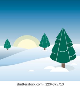 Beautiful vector illustration of nature landscape. Flat poster of the sunrise, where the sun illuminates the pine forest on the snow.