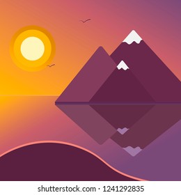 Beautiful vector illustration of nature landscape. Flat poster of a sunset on a background of mountains.