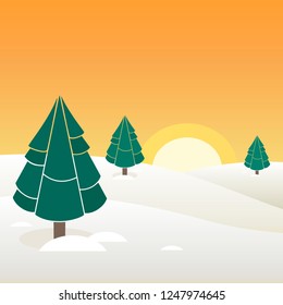 Beautiful vector illustration of nature landscape. A flat poster of the sunset where the sun illuminates the pine forest on the snow.