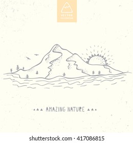 Beautiful vector illustration nature mountains, river and sun. Hand drawn sketch