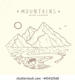 Beautiful vector illustration nature mountains. Hand drawn sketch.