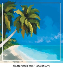 Beautiful vector illustration. Nature, tropics. Sunny beach with palm trees. Sand, waves, blue sky, azure coast. Excellent vacation. All elements are hand-drawn. Imitation of oil painting.