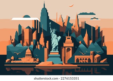 Beautiful vector illustration of New York city scape with all towers in the background