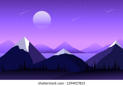 Beautiful vector illustration of night mountain landscape with moon and stars.