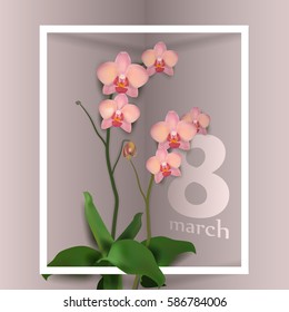 Beautiful vector illustration on 8 March, International Women's Day, spring, flowers, orchids