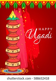 Beautiful Vector Illustration on Colorful grungy decorative background showing celebration on the occasion of Ugadi Festival.