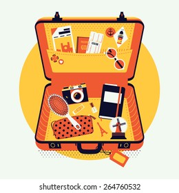 Beautiful Vector Illustration On Luggage Suitcase With Travel Items Inside | Toiletry Bag, Hairbrush, Camera, Sketchbook, Passport, Boarding Bass, City Map, Souvenirs And More In Opened Suitcase 